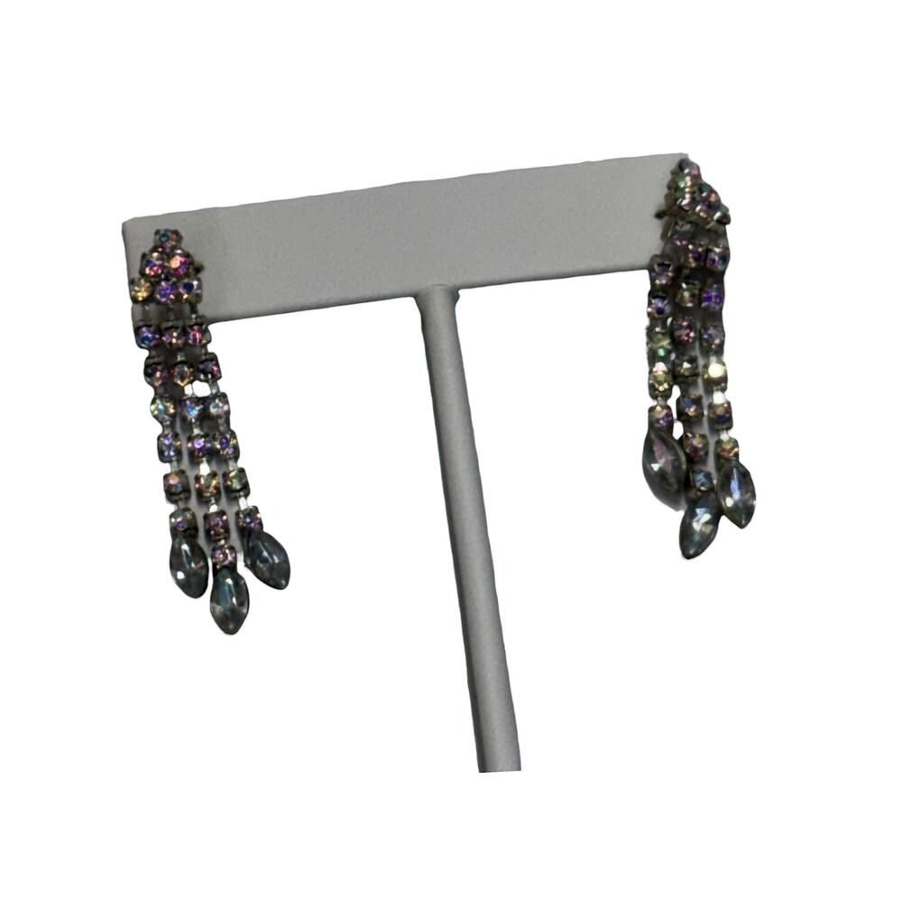 Gunmetal AB Rhinestone Waterfall Drop Earrings 3-Chain Cascade 2in - Picture 5 of 6